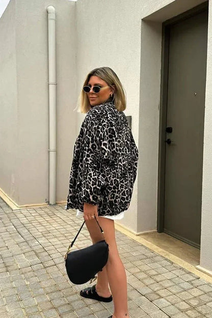 Retro Leopard Print Coat – O-Neck Zip-Up
