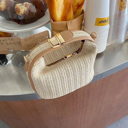 Summer Small Straw Handbag Trendy Shoulder Bag Woven Bucket Crossbody Bag Casual Seaside Beach Bag Gilrs Handle Tote
