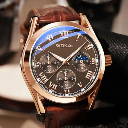LuxeTime Men’s Business Quartz Watch – Roman Numeral Leather Calendar Wristwatch