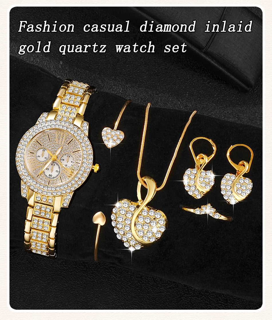 Amelia Gold Quartz Watch & Jewelry Set – 5 pcs
