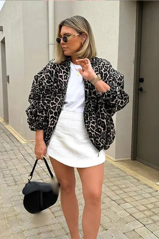 Retro Leopard Print Coat – O-Neck Zip-Up