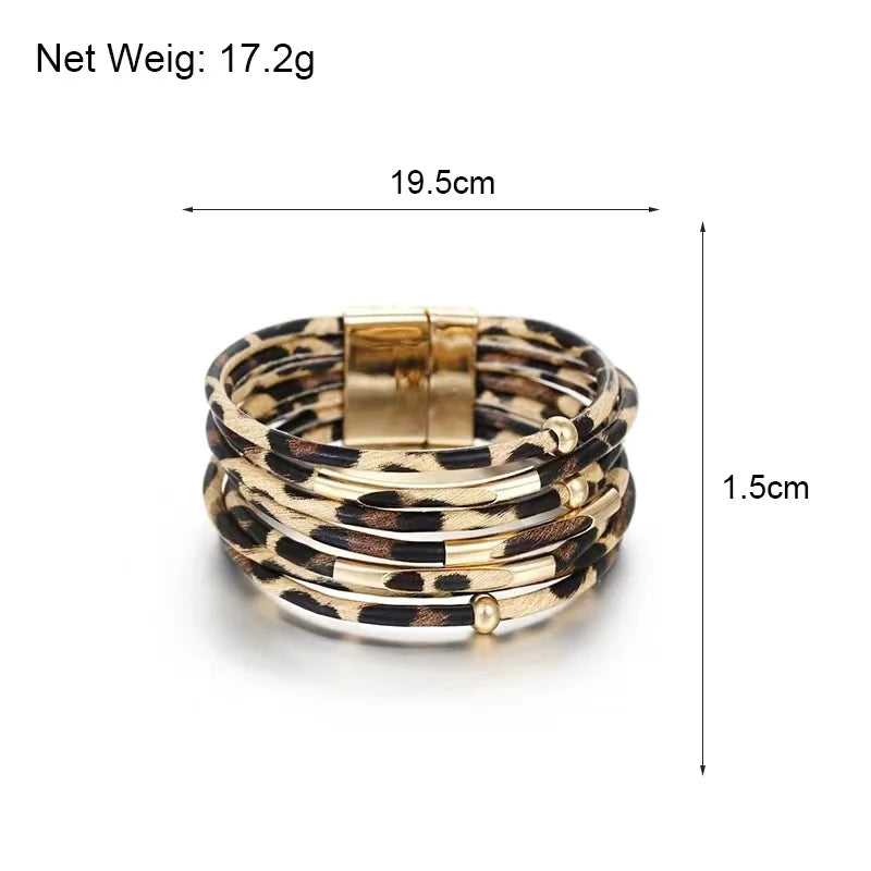 Vintage Metal Tube Leopard Leather Bracelet For Women Men Boho Multilayer Wrap Wide Bracelet Charm Jewelry