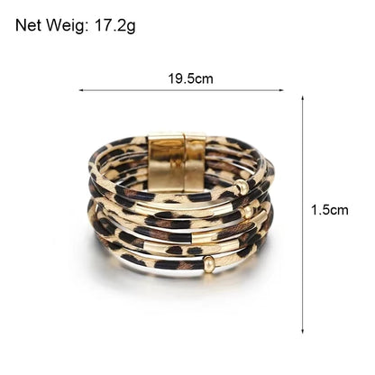 Vintage Metal Tube Leopard Leather Bracelet For Women Men Boho Multilayer Wrap Wide Bracelet Charm Jewelry