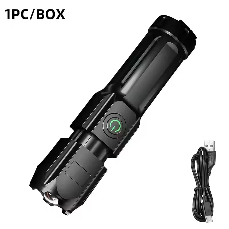 High Power Rechargeable LED Camping Flashlight – USB Zoom Spotlight with Waterproof Design for Outdoor Adventures