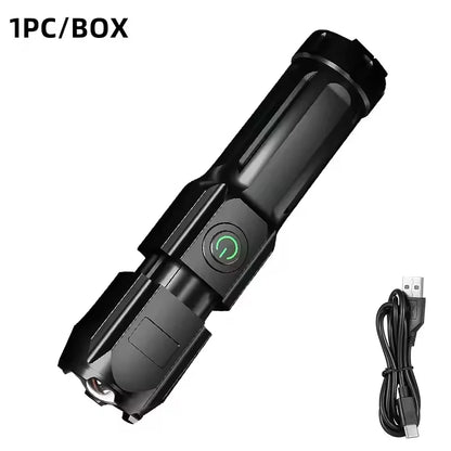 High Power Rechargeable LED Camping Flashlight – USB Zoom Spotlight with Waterproof Design for Outdoor Adventures