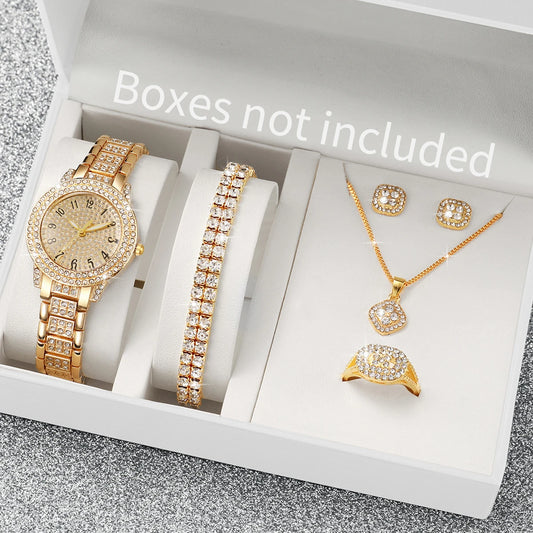 💎 Bella Full Diamond Gold Watch & Jewellery Set – 6PCS Luxury Quartz Set