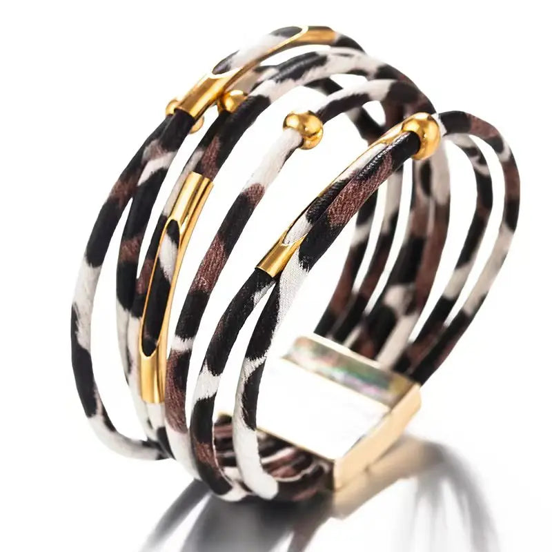 Vintage Metal Tube Leopard Leather Bracelet For Women Men Boho Multilayer Wrap Wide Bracelet Charm Jewelry