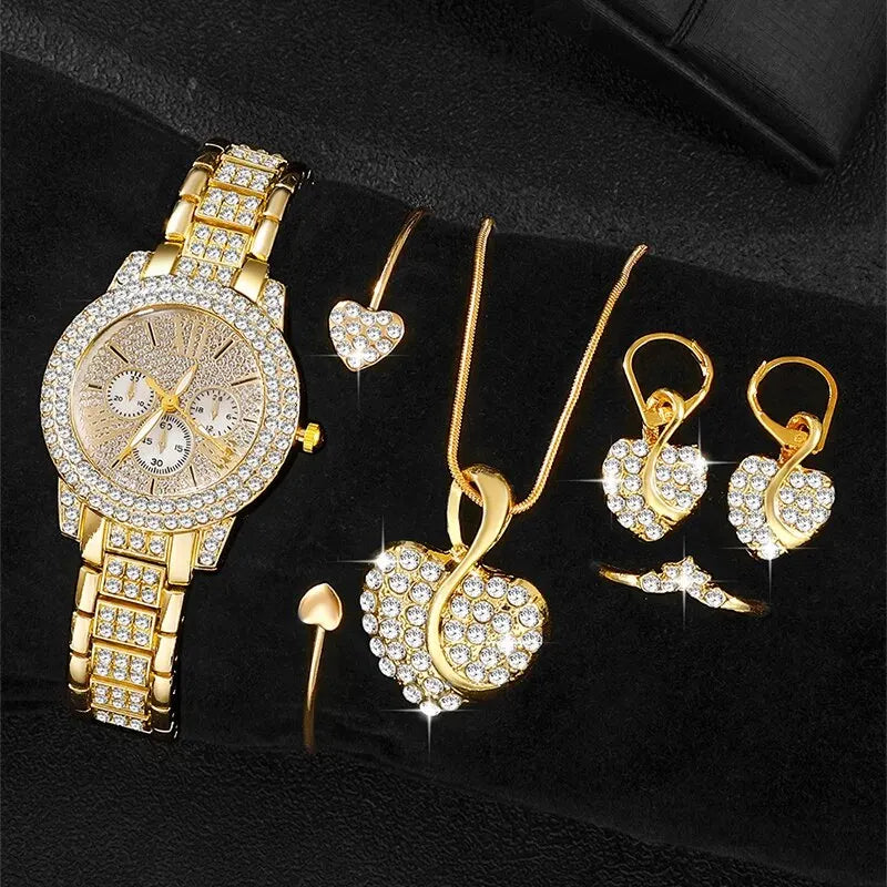 Amelia Gold Quartz Watch & Jewelry Set – 5 pcs