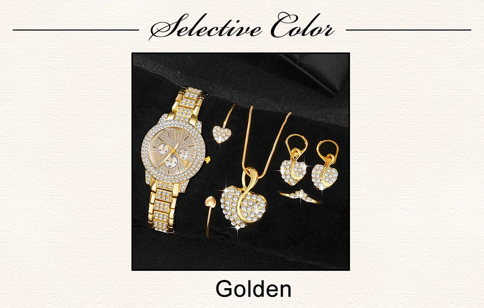 Amelia Gold Quartz Watch & Jewelry Set – 5 pcs