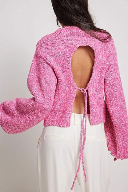 Serena 👚 Open-Back Tie Knit Sweater — Cropped Long Sleeve Statement Top