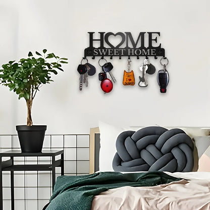 Black Metal Wall Key Holder – “Sweet Home” Decorative Key Rack with Hooks 10 Hooks