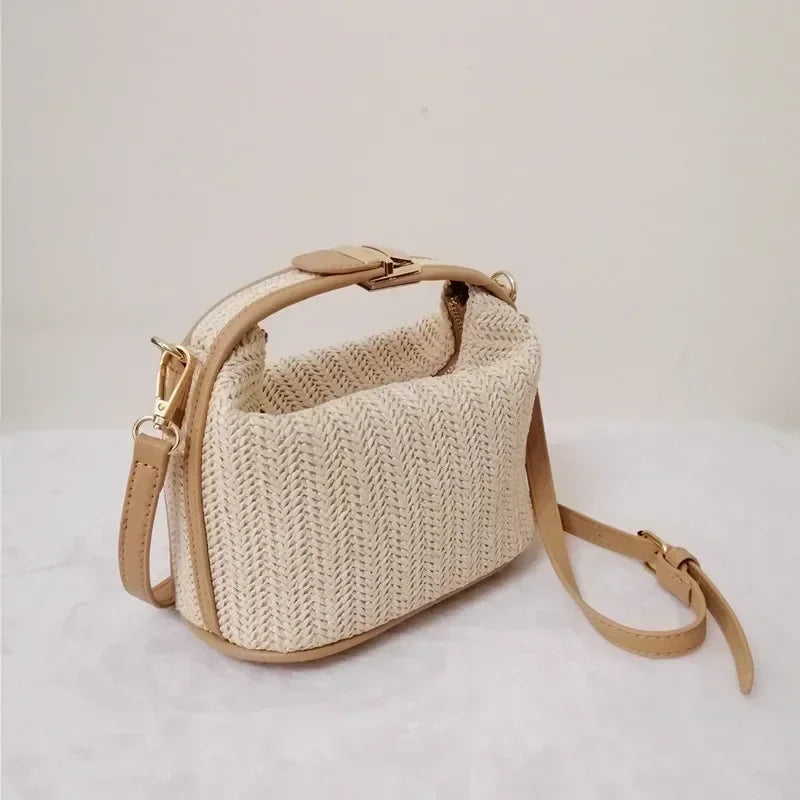 Summer Small Straw Handbag Trendy Shoulder Bag Woven Bucket Crossbody Bag Casual Seaside Beach Bag Gilrs Handle Tote
