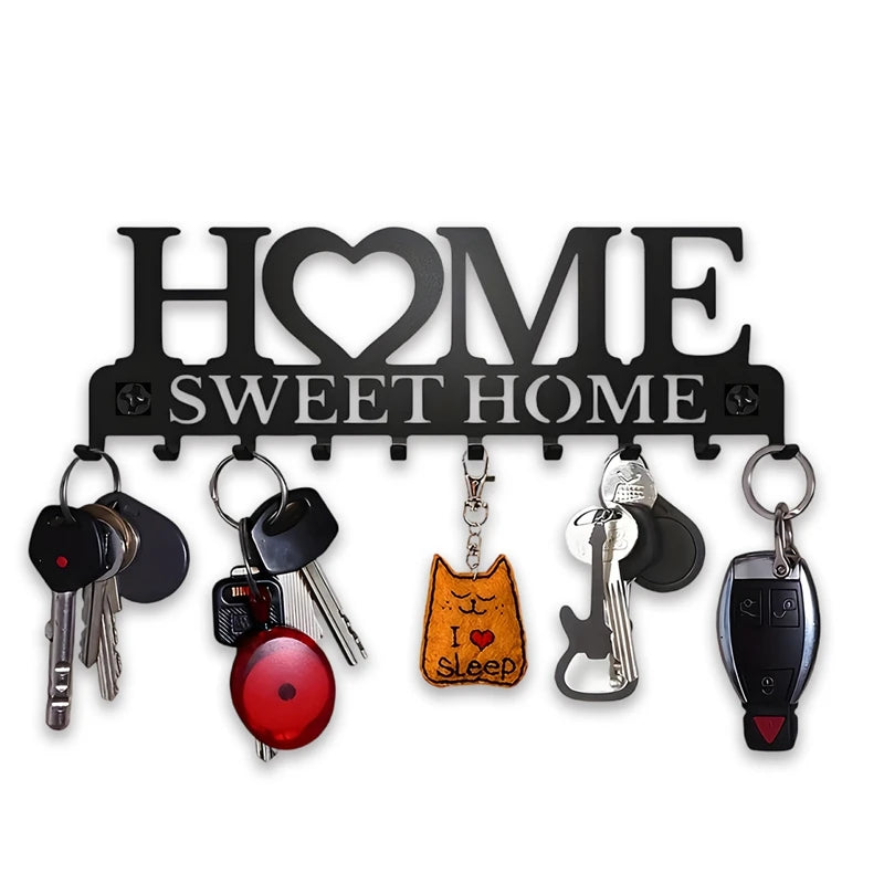 Black Metal Wall Key Holder – “Sweet Home” Decorative Key Rack with Hooks 10 Hooks