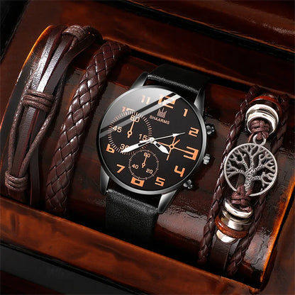 Men’s Fashion Watch & Bracelet Set – 5PCS Retro Quartz Leather Wristwatch