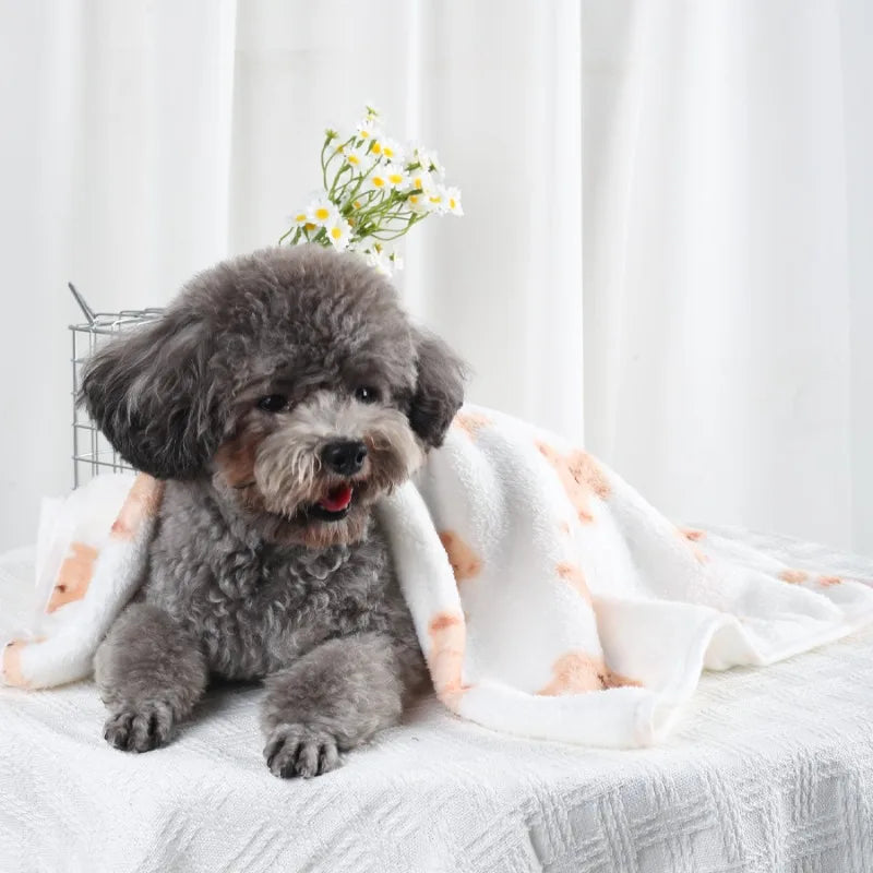 Daisy Soft Fluffy Pet Blanket – Warm Coral Fleece Paw Print Mat