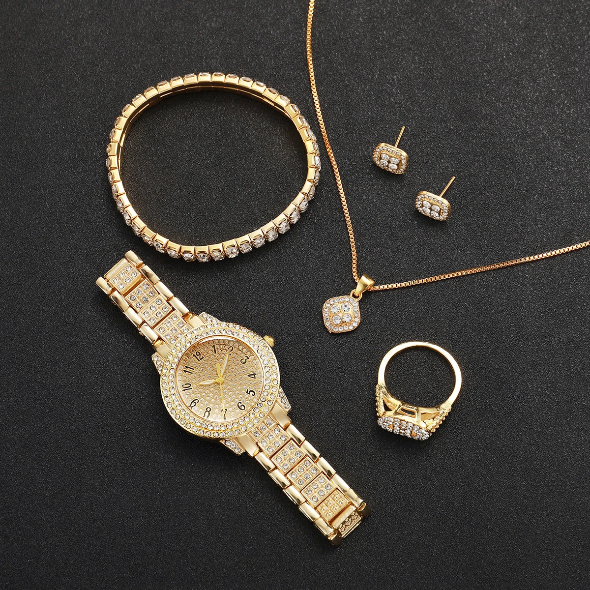 Bella Full Diamond Gold Watch & Jewellery Set – 6PCS Luxury Quartz Set