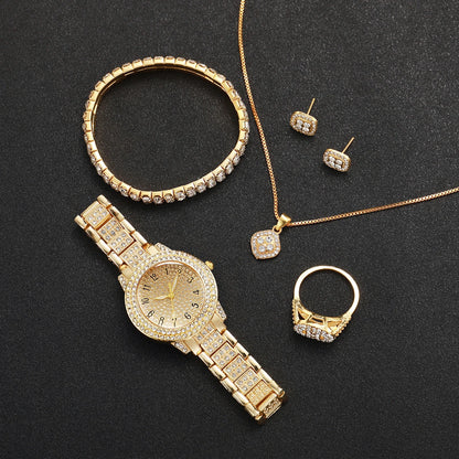 Bella Full Diamond Gold Watch & Jewellery Set – 6PCS Luxury Quartz Set