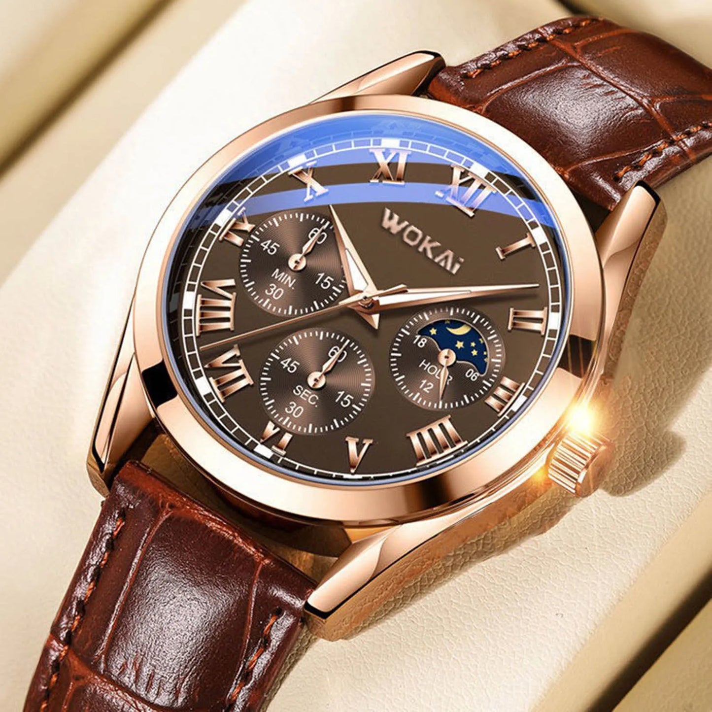 LuxeTime Men’s Business Quartz Watch – Roman Numeral Leather Calendar Wristwatch