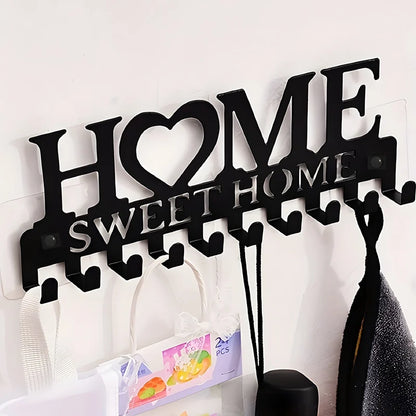 Black Metal Wall Key Holder – “Sweet Home” Decorative Key Rack with Hooks 10 Hooks
