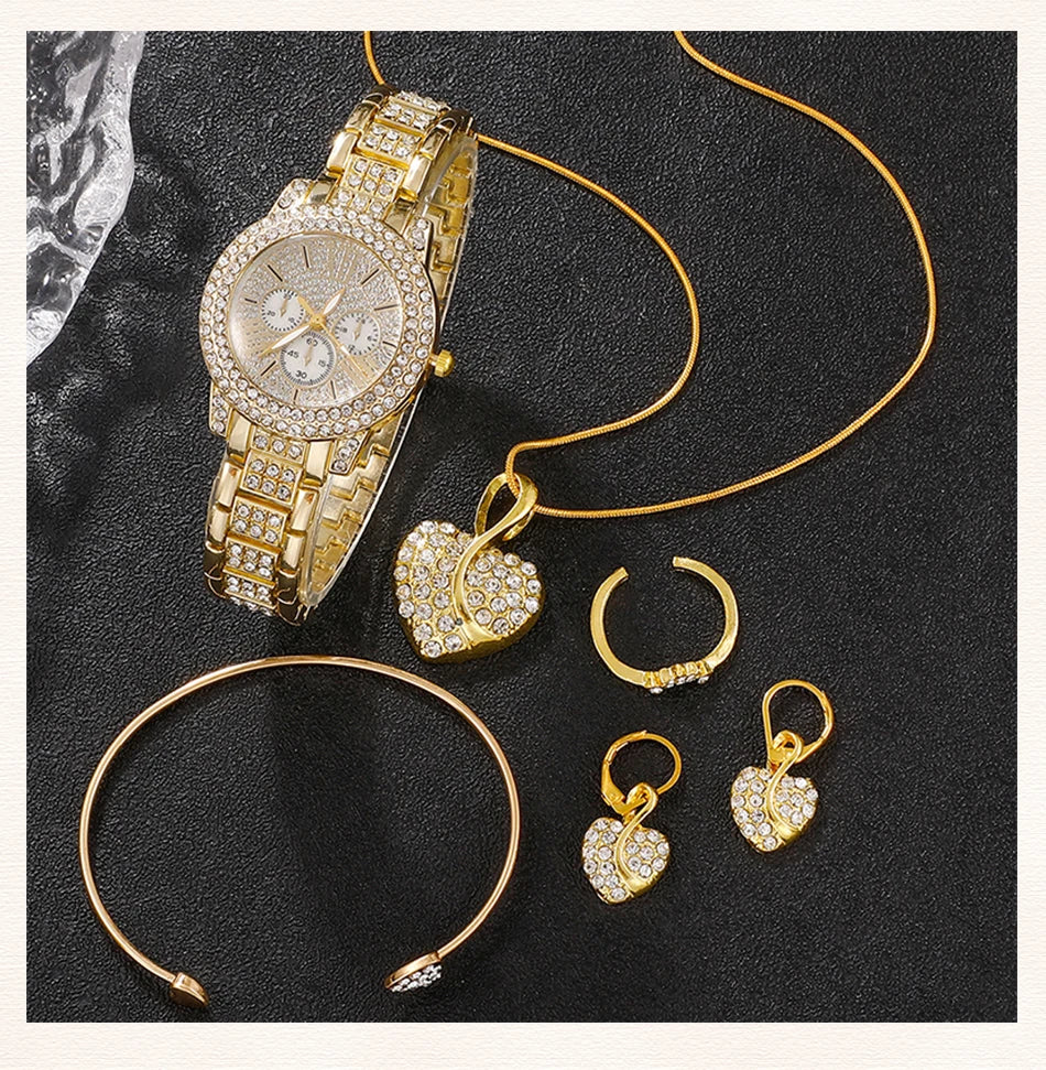 Amelia Gold Quartz Watch & Jewelry Set – 5 pcs