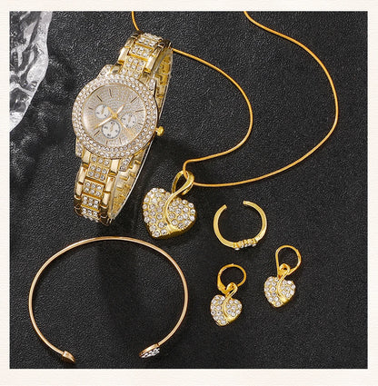 Amelia Gold Quartz Watch & Jewelry Set – 5 pcs