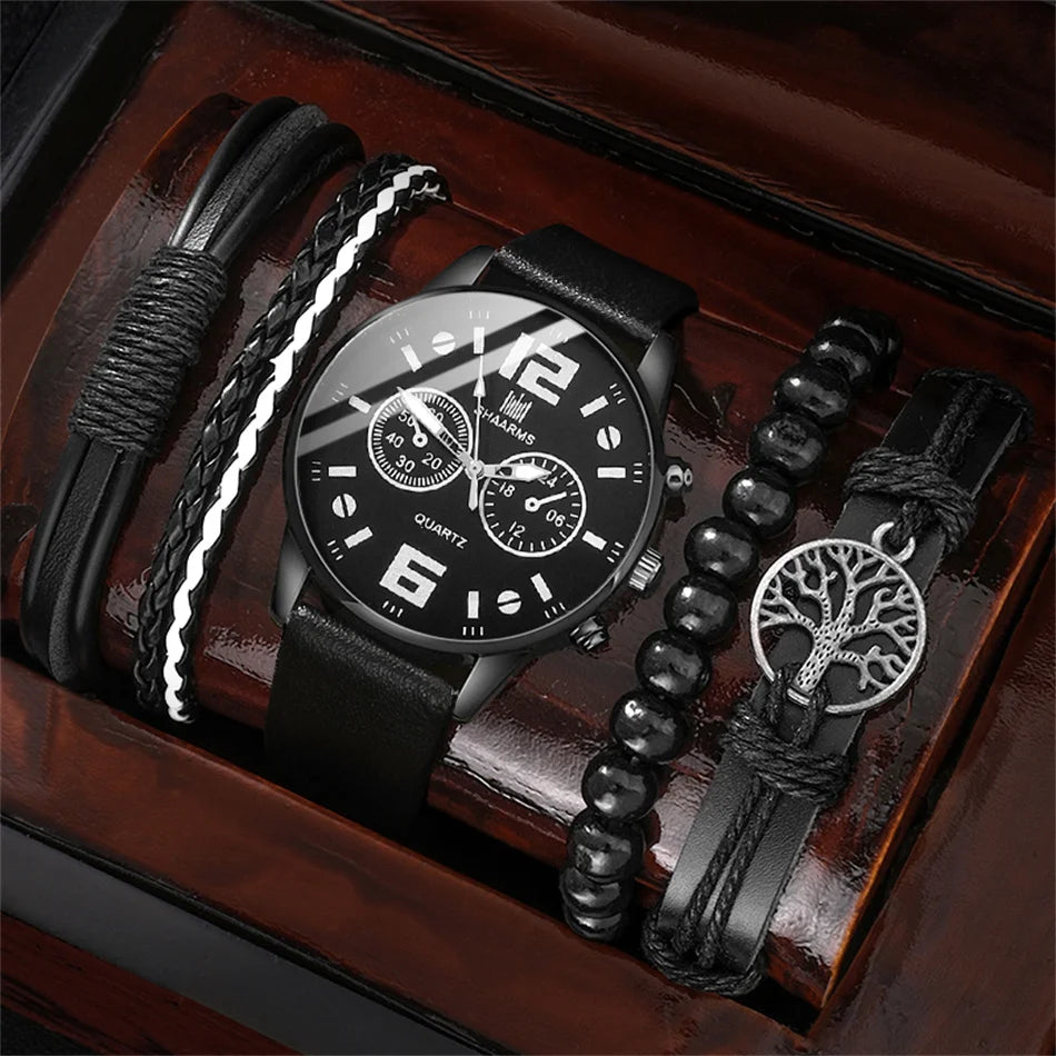 Men’s Fashion Watch & Bracelet Set – 5PCS Retro Quartz Leather Wristwatch