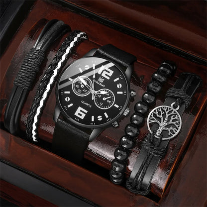 Men’s Fashion Watch & Bracelet Set – 5PCS Retro Quartz Leather Wristwatch