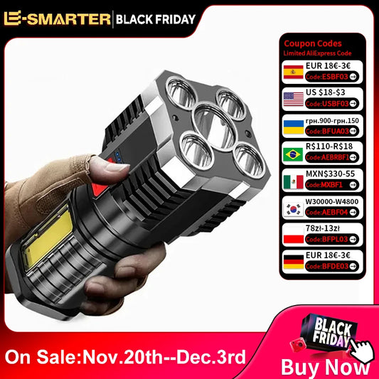 5LED High Power Led Flashlights Rechargeable Camping Spotlight with Side Light 3 Lighting Modes for Camping Adventure Outdoor