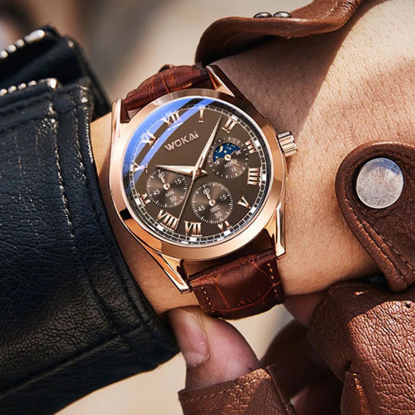 LuxeTime Men’s Business Quartz Watch – Roman Numeral Leather Calendar Wristwatch