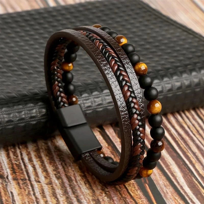 Men Leather Bracelet Classic Fashion Tiger Eye Beaded Multi Layer Leather Bracelet For Men Jewelry Gift