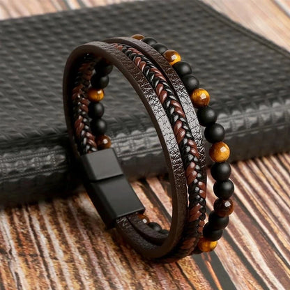 Men Leather Bracelet Classic Fashion Tiger Eye Beaded Multi Layer Leather Bracelet For Men Jewelry Gift