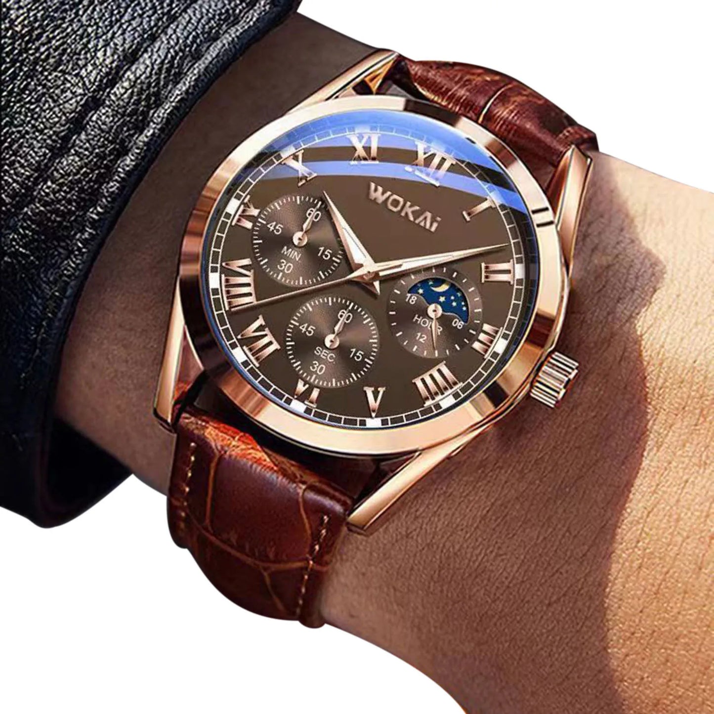 LuxeTime Men’s Business Quartz Watch – Roman Numeral Leather Calendar Wristwatch