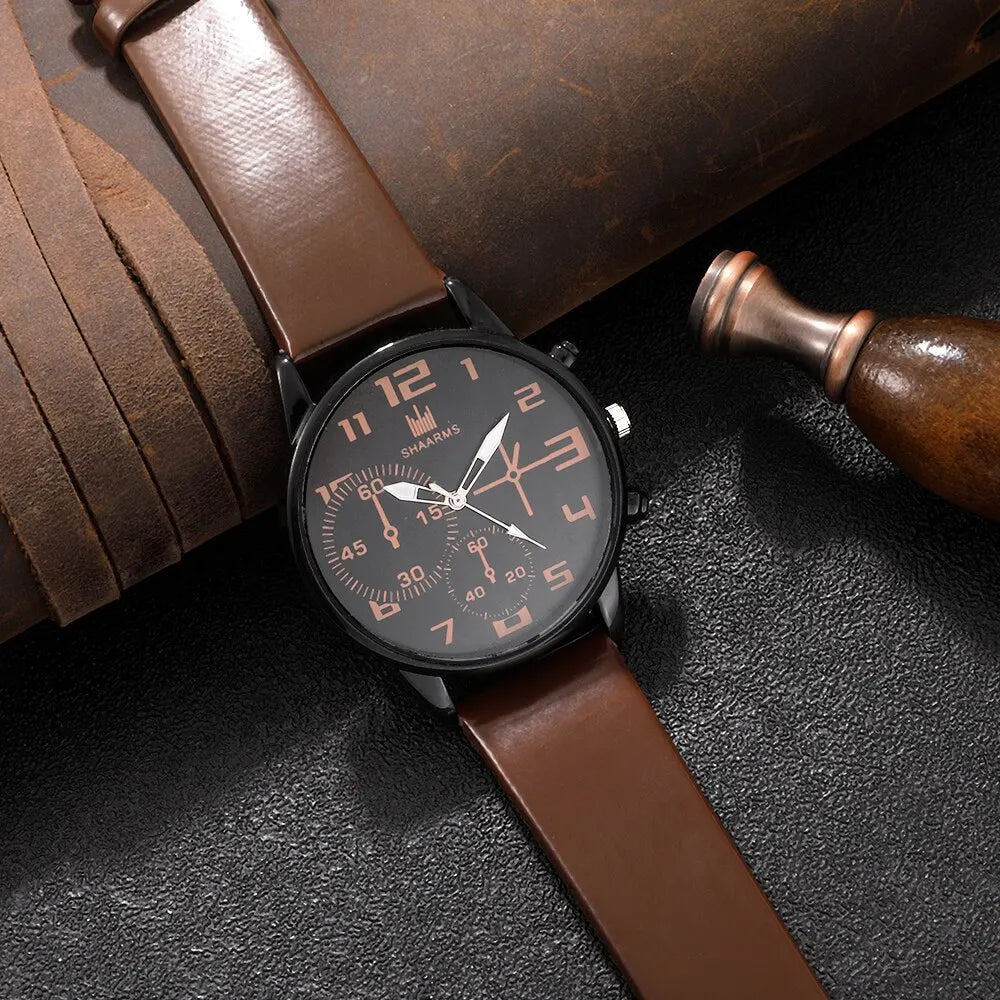 Men’s Fashion Watch & Bracelet Set – 5PCS Retro Quartz Leather Wristwatch