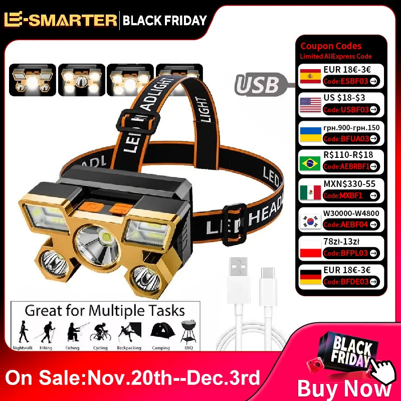 Rechargeable LED Headlamp – Powerful Head Flashlight for Camping, Hiking, Fishing & Outdoor Adventures