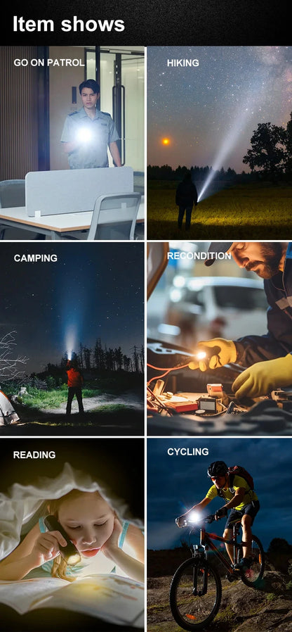 High Power Rechargeable LED Camping Flashlight – USB Zoom Spotlight with Waterproof Design for Outdoor Adventures