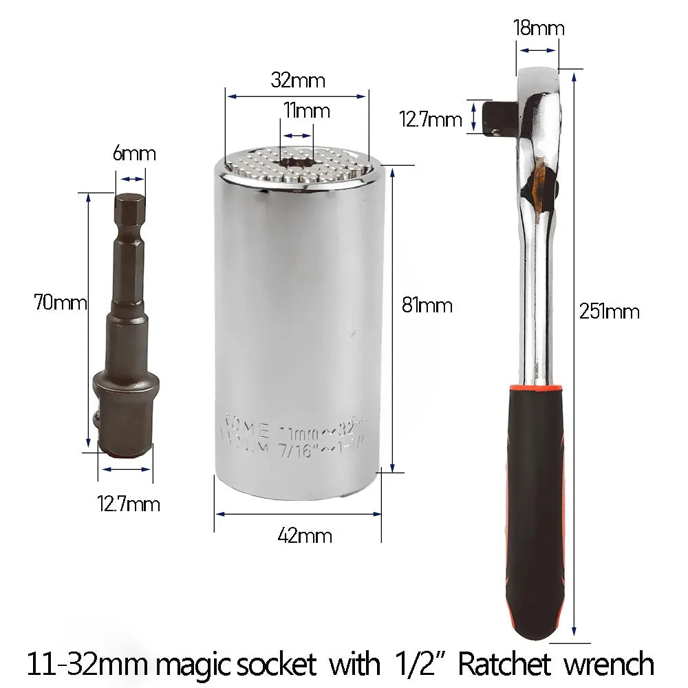 🔧 Universal Ratchet Wrench with Adjustable Socket Head (7–19mm / 11–32mm)