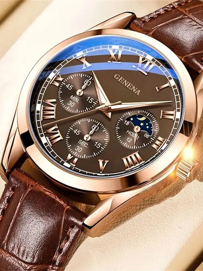 Men’s Business & Casual Quartz Watch with Leather Strap – Roman Numeral Dial