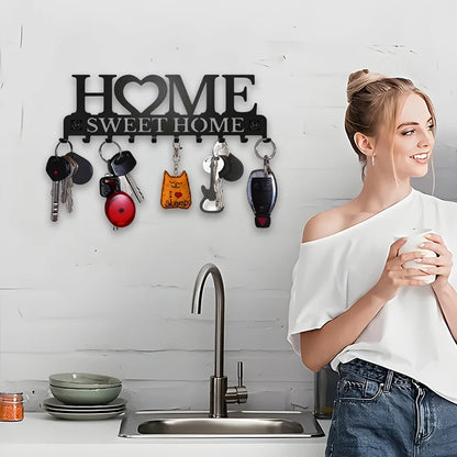 Black Metal Wall Key Holder – “Sweet Home” Decorative Key Rack with Hooks 10 Hooks