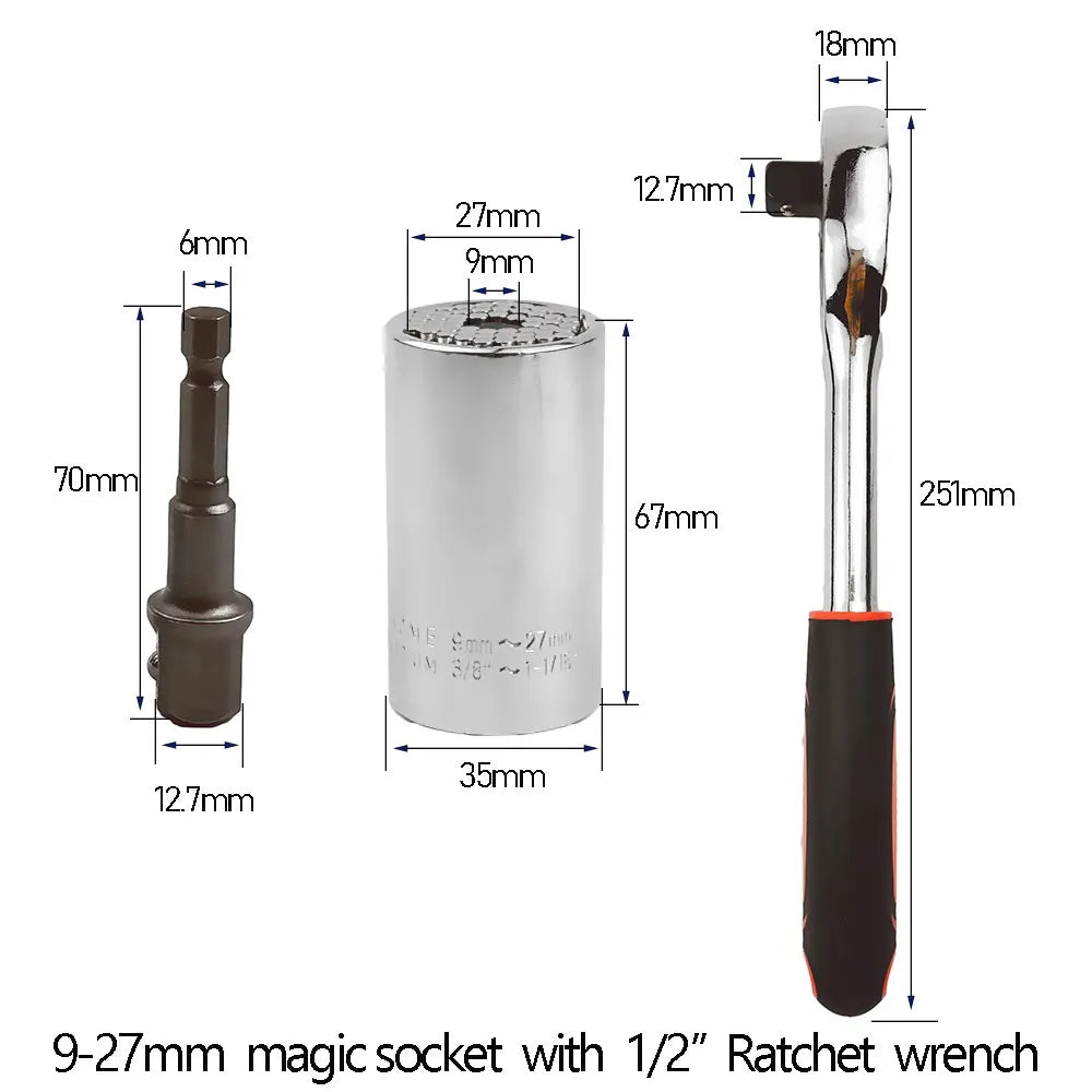 🔧 Universal Ratchet Wrench with Adjustable Socket Head (7–19mm / 11–32mm)