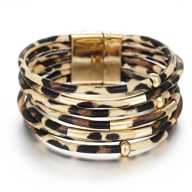 Vintage Metal Tube Leopard Leather Bracelet For Women Men Boho Multilayer Wrap Wide Bracelet Charm Jewelry