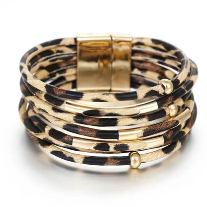 Vintage Metal Tube Leopard Leather Bracelet For Women Men Boho Multilayer Wrap Wide Bracelet Charm Jewelry