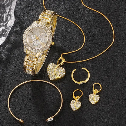 Amelia Gold Quartz Watch & Jewelry Set – 5 pcs