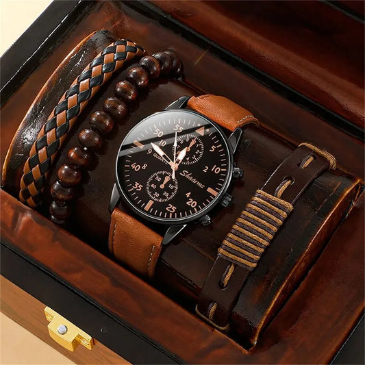 New Gift Set for Men: Watch Luxury Bracelet Set Fashion Business Brown Leather Quartz Wrist .
