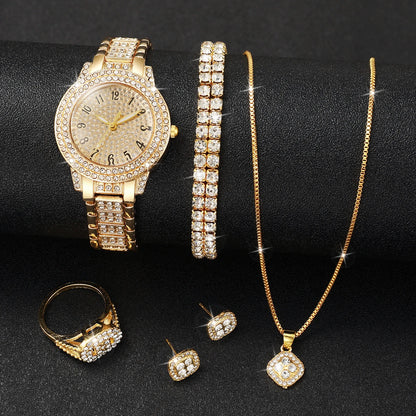 Bella Full Diamond Gold Watch & Jewellery Set – 6PCS Luxury Quartz Set
