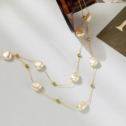 316L Stainless Steel 2in1 Large Pearl Pendant Necklace For Women New Trend Girls Neck Jewelry Chain Party Wedding Gift