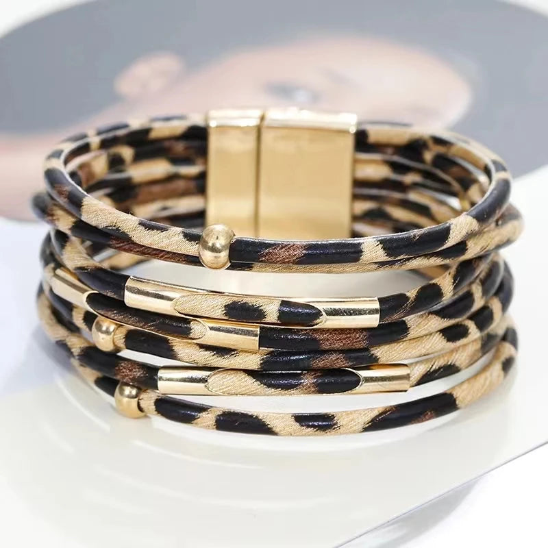 Vintage Metal Tube Leopard Leather Bracelet For Women Men Boho Multilayer Wrap Wide Bracelet Charm Jewelry