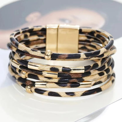 Vintage Metal Tube Leopard Leather Bracelet For Women Men Boho Multilayer Wrap Wide Bracelet Charm Jewelry