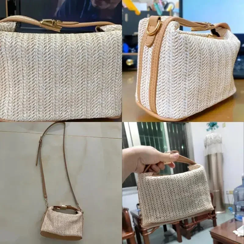 Summer Small Straw Handbag Trendy Shoulder Bag Woven Bucket Crossbody Bag Casual Seaside Beach Bag Gilrs Handle Tote