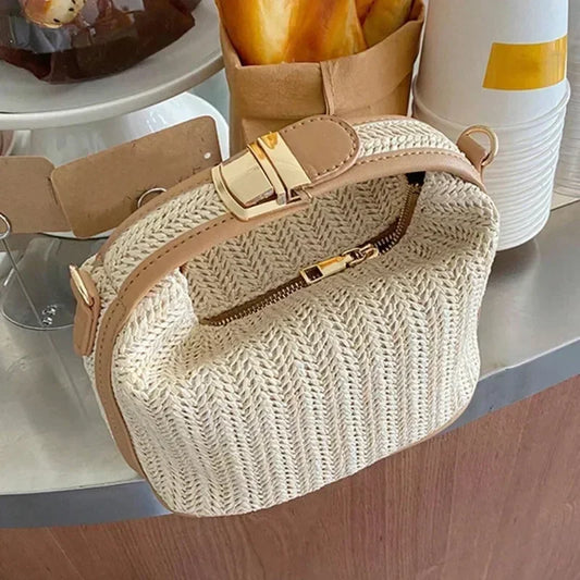Summer Small Straw Handbag Trendy Shoulder Bag Woven Bucket Crossbody Bag Casual Seaside Beach Bag Gilrs Handle Tote