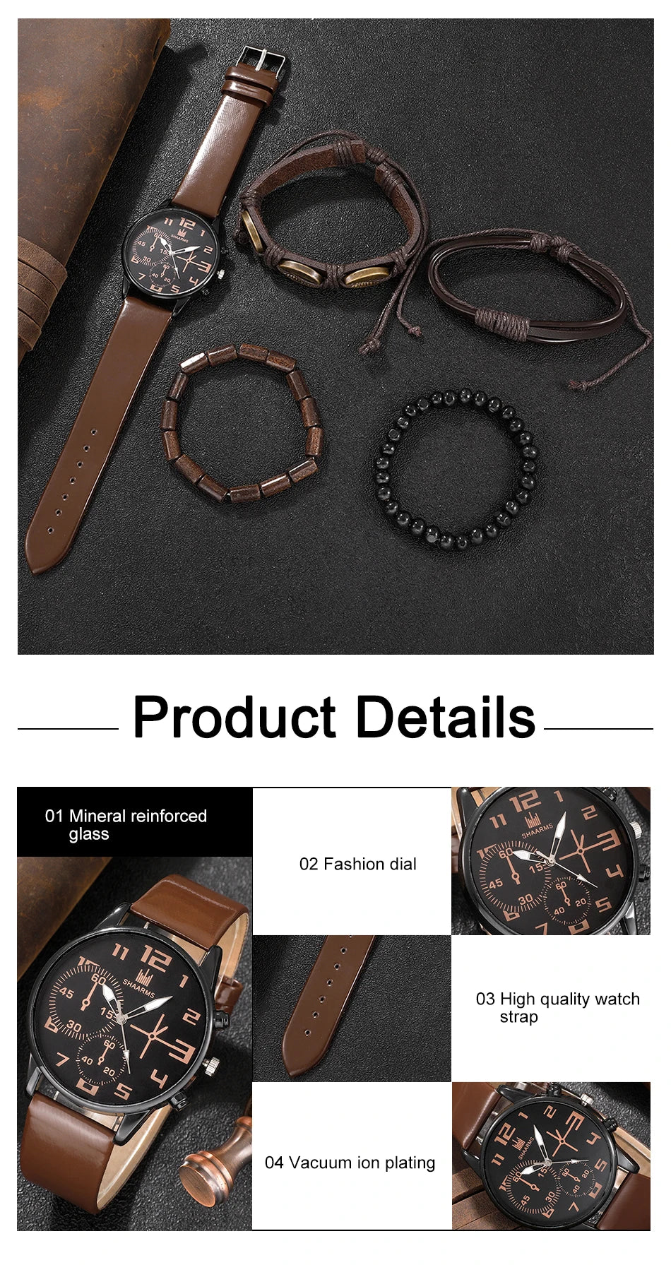 Men’s Fashion Watch & Bracelet Set – 5PCS Retro Quartz Leather Wristwatch